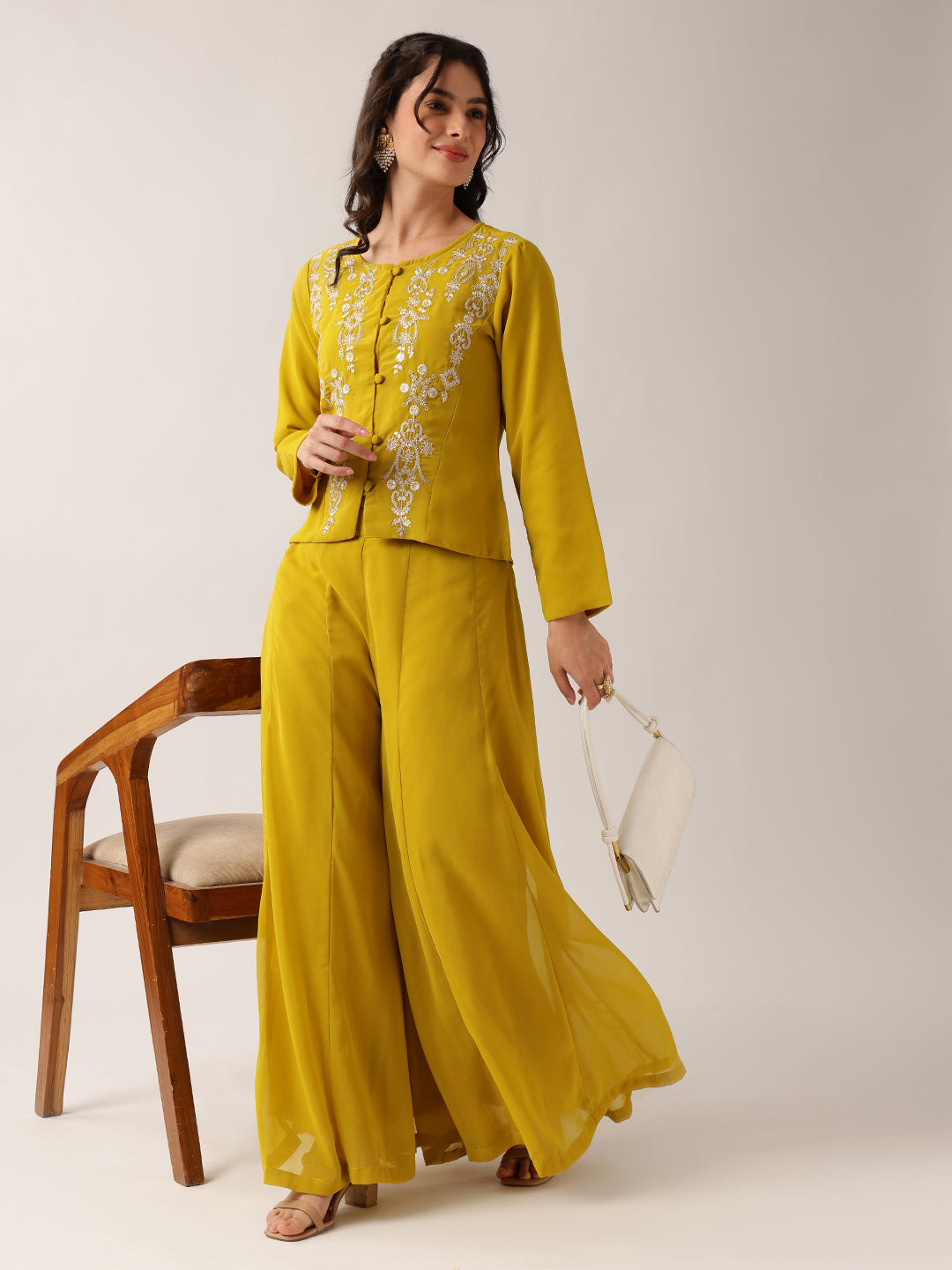 Yellow Floral Straight Georgette Co-Ord Set (Sharara)