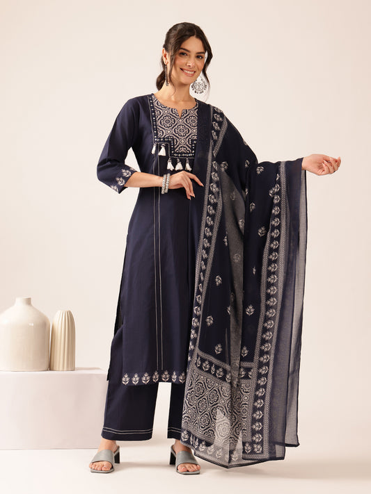 Navy Blue Geometric Straight Cotton Kurta Set