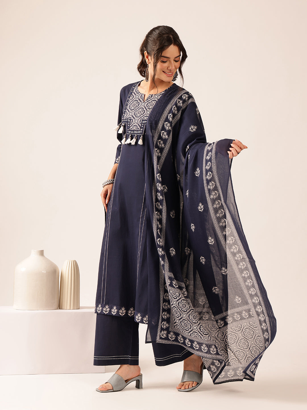 Navy Blue Geometric Straight Cotton Kurta Set