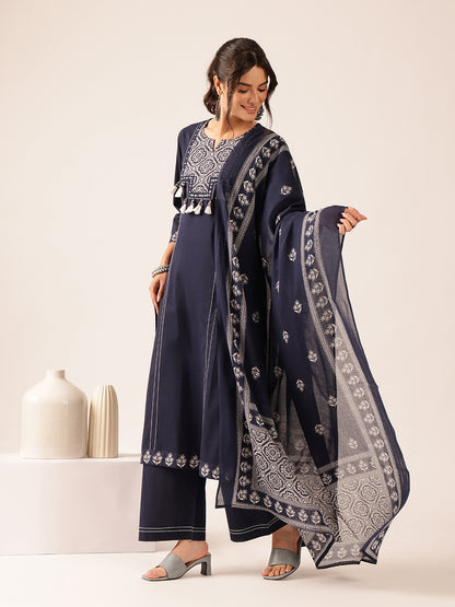 Navy Blue Geometric Straight Cotton Kurta Set