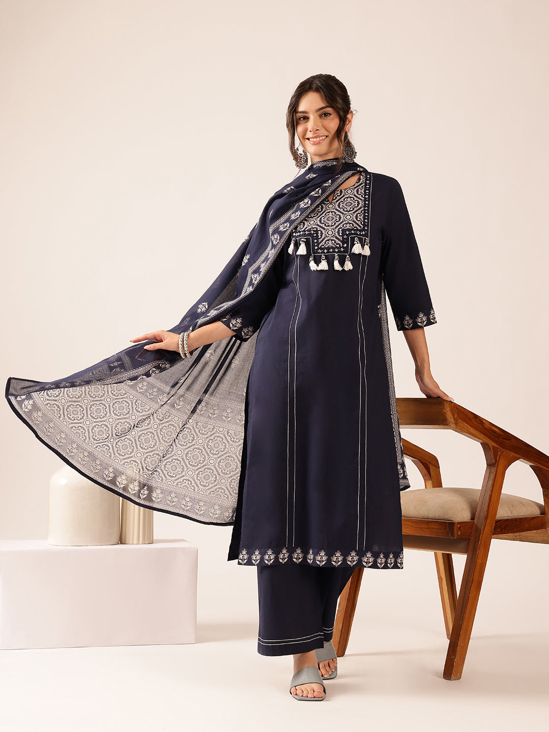 Navy Blue Geometric Straight Cotton Kurta Set