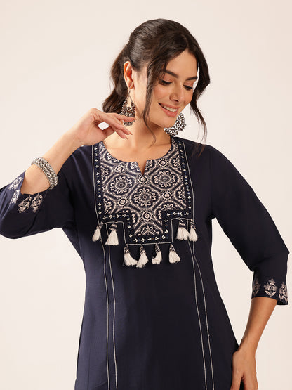 Navy Blue Geometric Straight Cotton Kurta Set