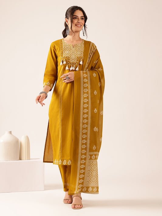 Mustard Geometric Straight Cotton Kurta Set