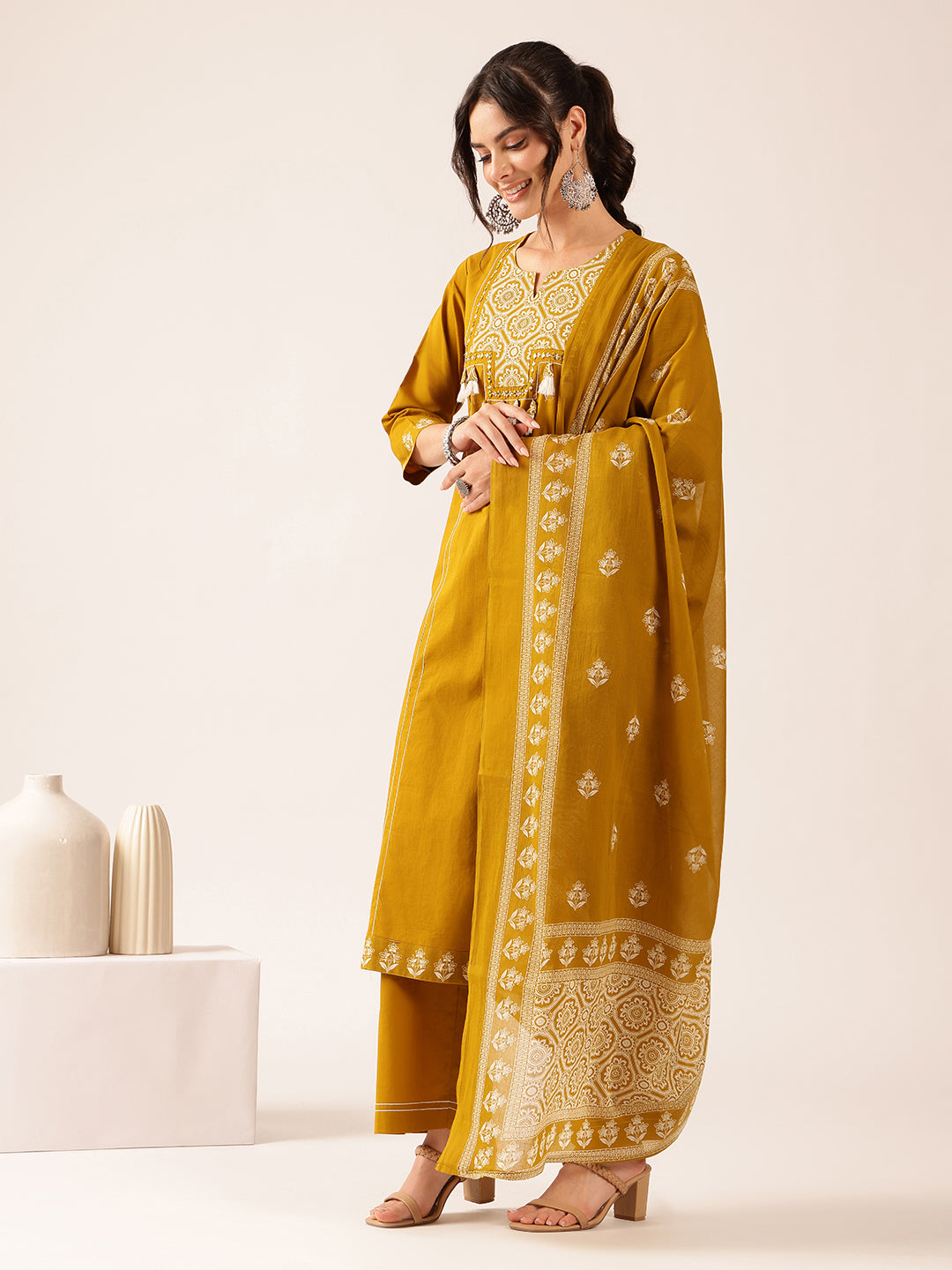 Mustard Geometric Straight Cotton Kurta Set