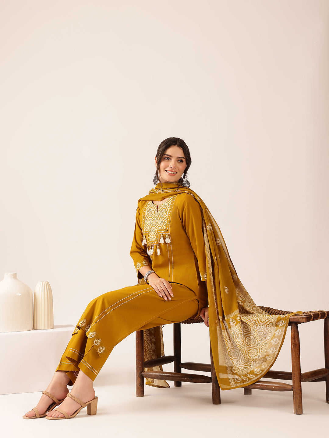 Mustard Geometric Straight Cotton Kurta Set