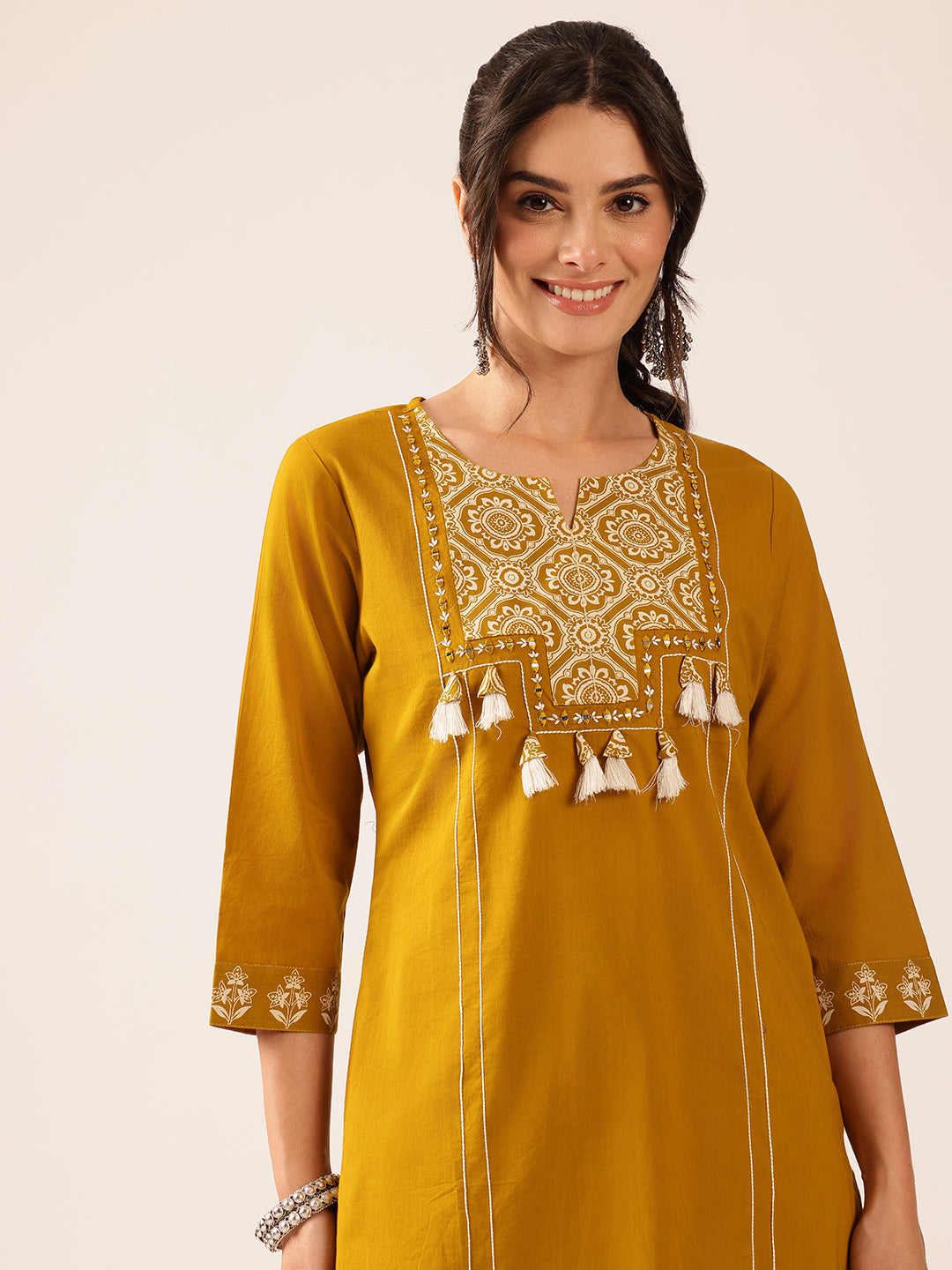 Mustard Geometric Straight Cotton Kurta Set