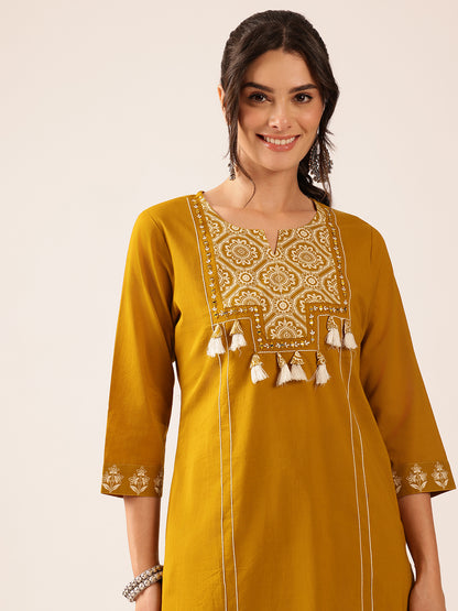 Mustard Geometric Straight Cotton Kurta Set