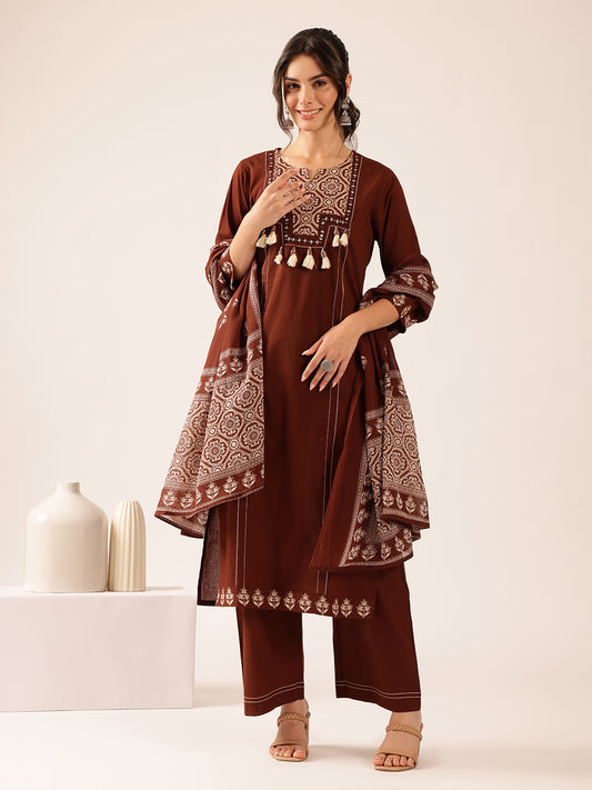 Brown Geometric Straight Cotton Kurta Set