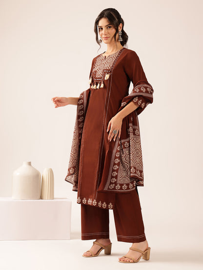 Brown Geometric Straight Cotton Kurta Set