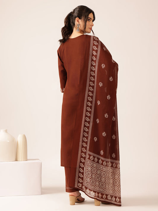 Brown Geometric Straight Cotton Kurta Set