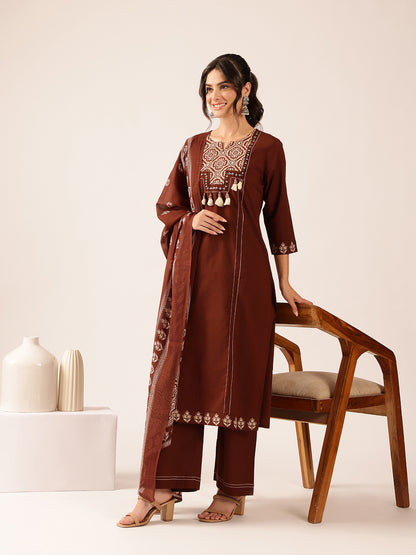 Brown Geometric Straight Cotton Kurta Set