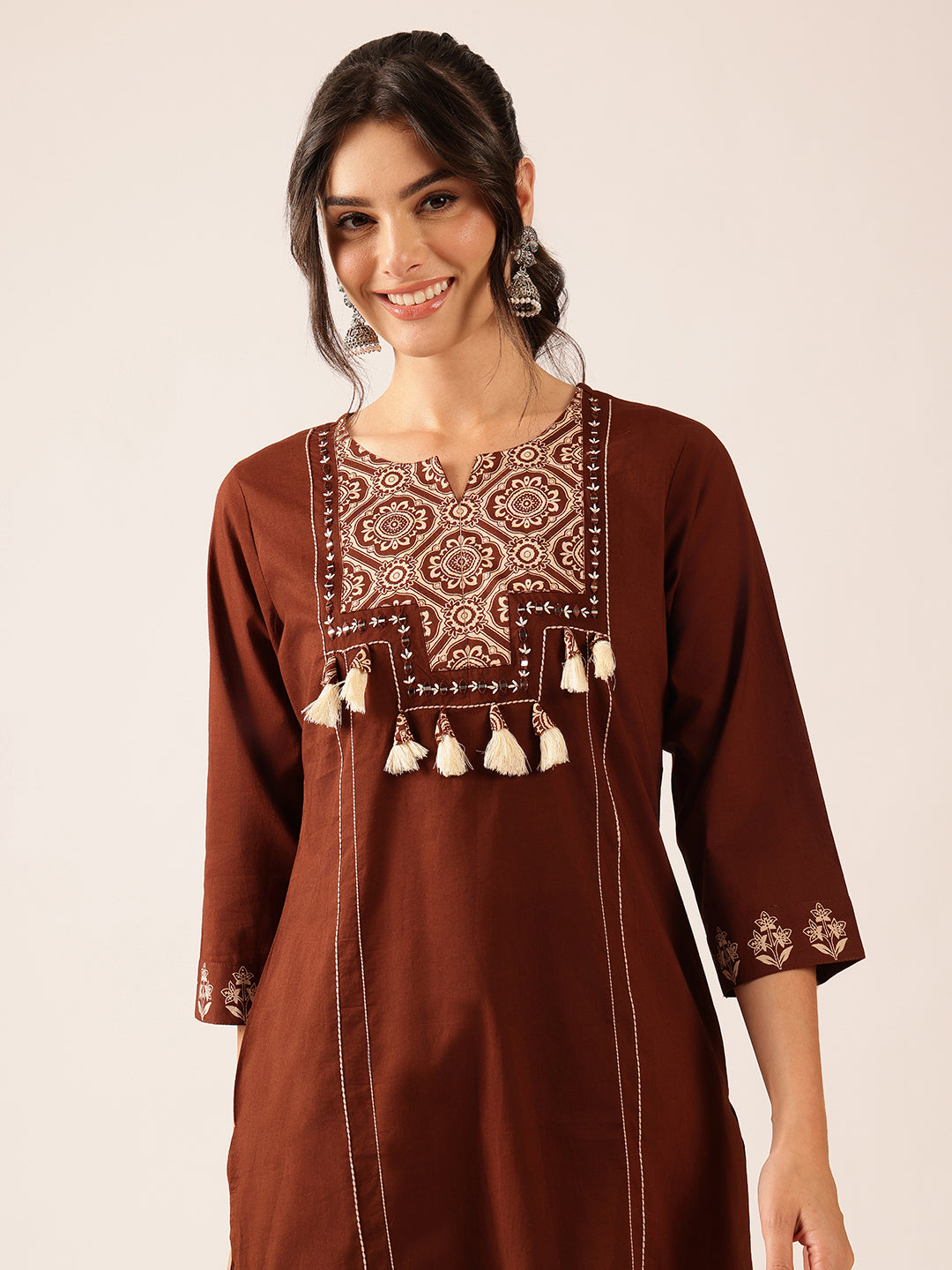 Brown Geometric Straight Cotton Kurta Set
