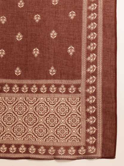 Brown Geometric Straight Cotton Kurta Set