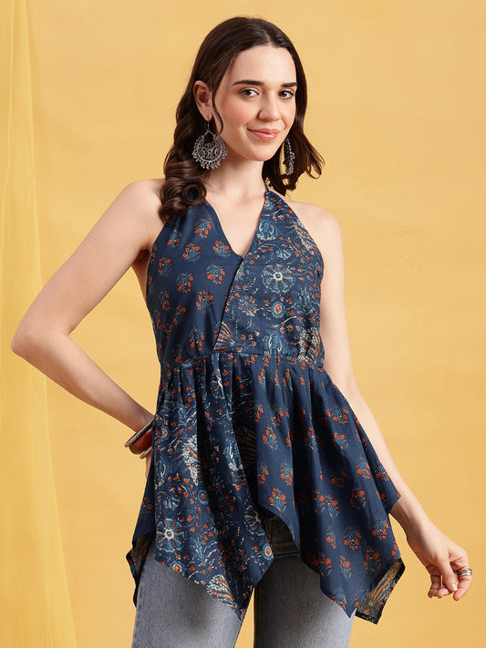 Blue Floral Up-Down Cotton Stitched Tunic