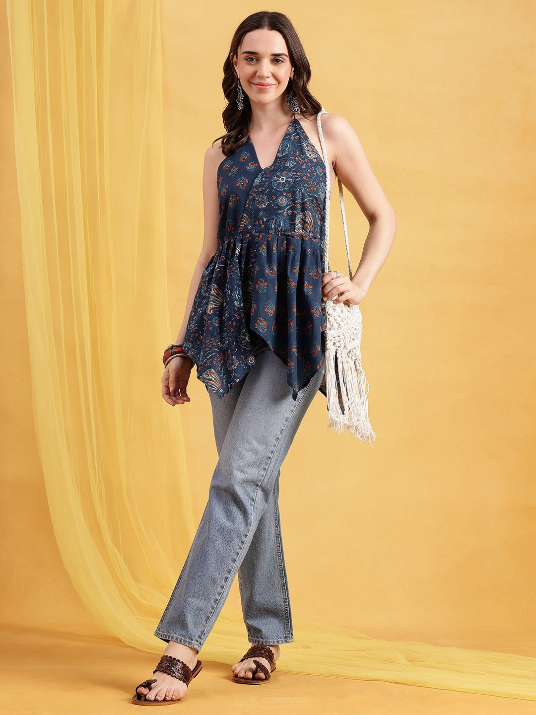 Blue Floral Up-Down Cotton Stitched Tunic
