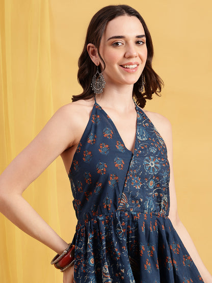 Blue Floral Up-Down Cotton Stitched Tunic