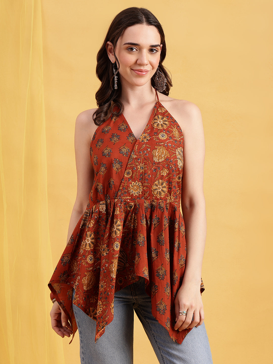 Rust Floral Up-Down Cotton Stitched Tunic