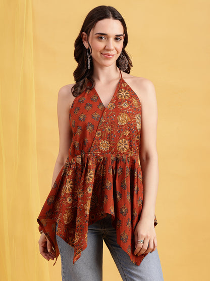 Rust Floral Up-Down Cotton Stitched Tunic