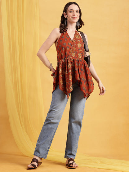 Rust Floral Up-Down Cotton Stitched Tunic