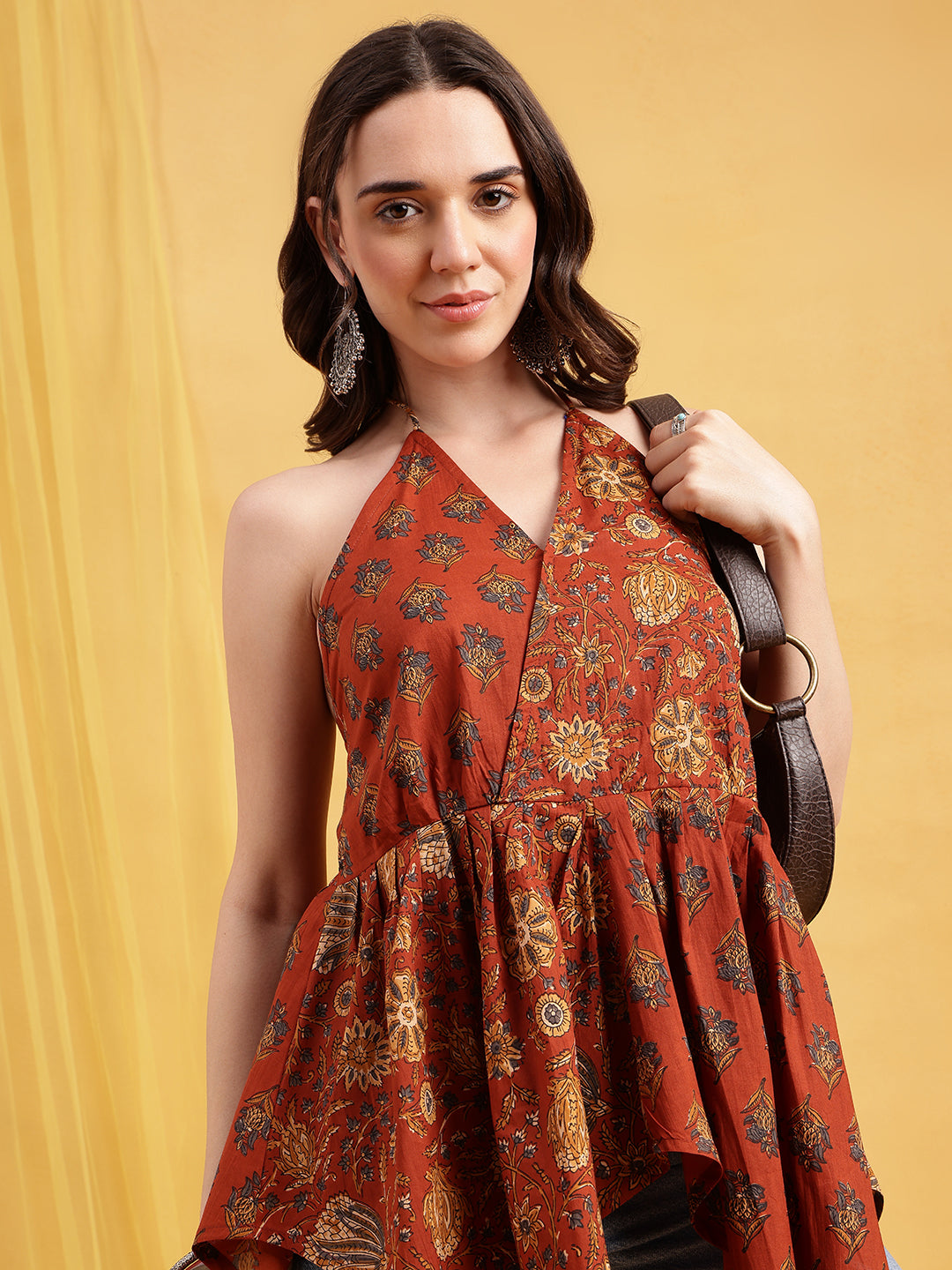 Rust Floral Up-Down Cotton Stitched Tunic