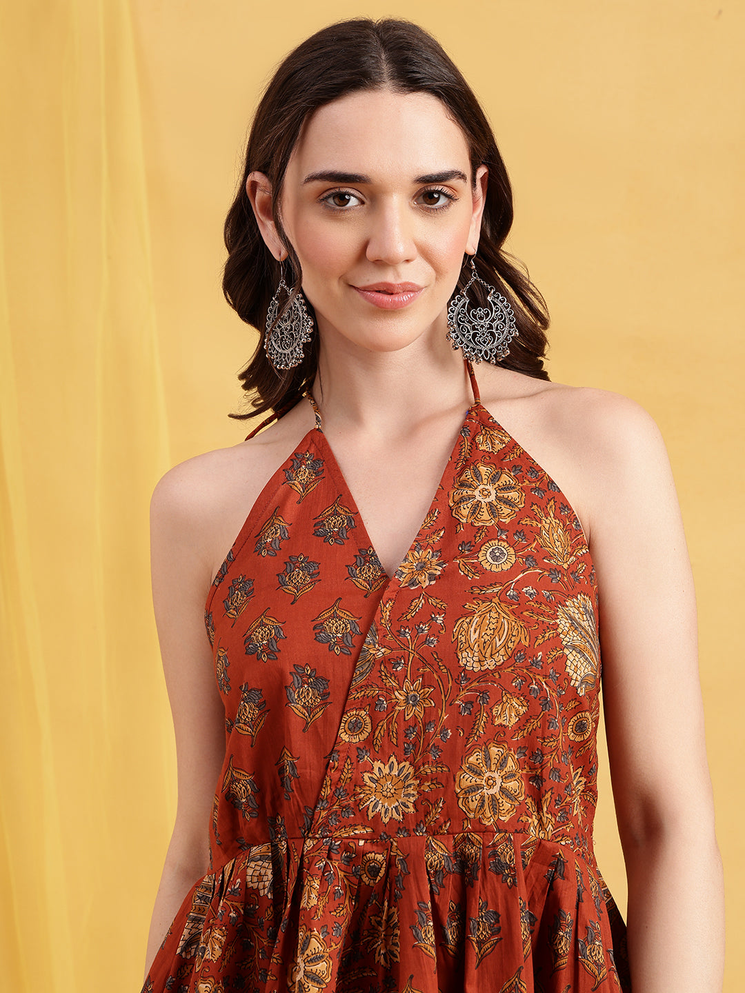Rust Floral Up-Down Cotton Stitched Tunic