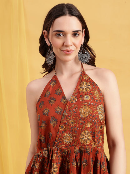 Rust Floral Up-Down Cotton Stitched Tunic