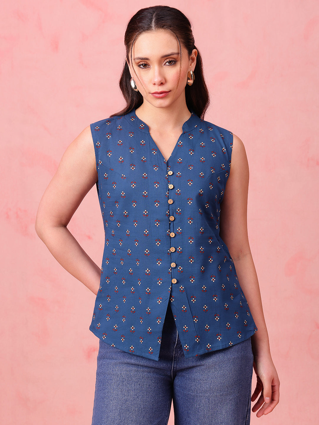 Teal Blue Block Print Waistcoat Cotton Stitched Top