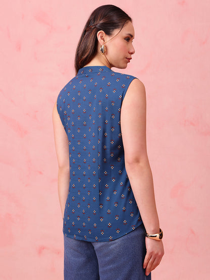 Teal Blue Block Print Waistcoat Cotton Stitched Top