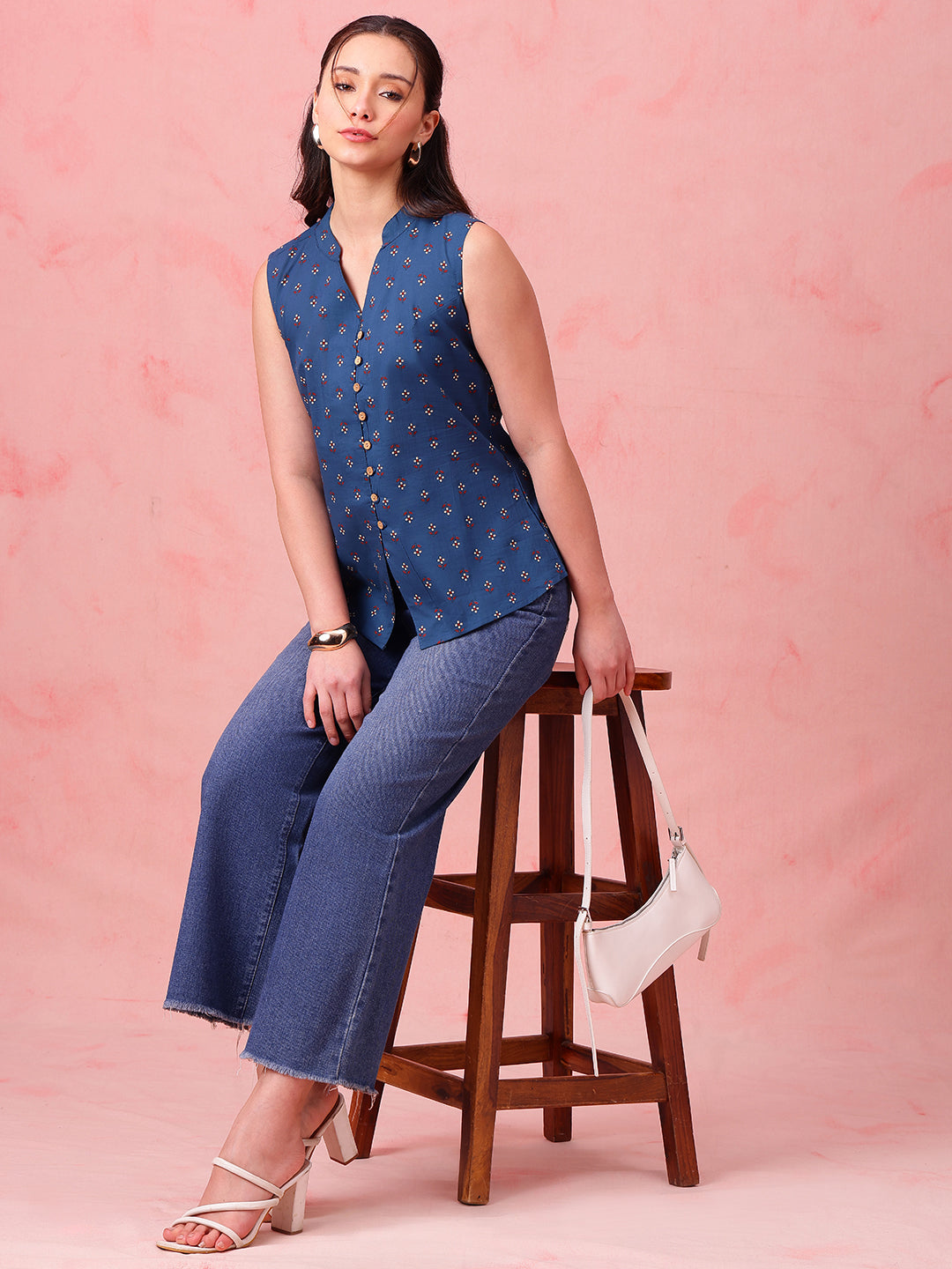 Teal Blue Block Print Waistcoat Cotton Stitched Top
