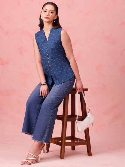 Teal Blue Block Print Waistcoat Cotton Stitched Top
