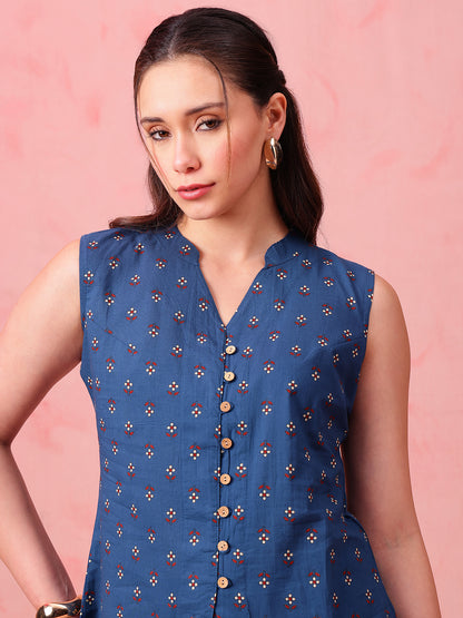 Teal Blue Block Print Waistcoat Cotton Stitched Top
