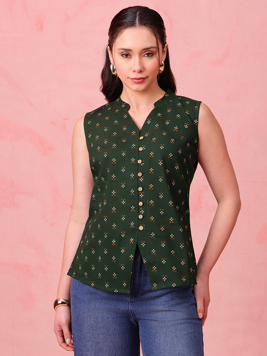 Mehendi Green Block Print Waistcoat Cotton Stitched Top
