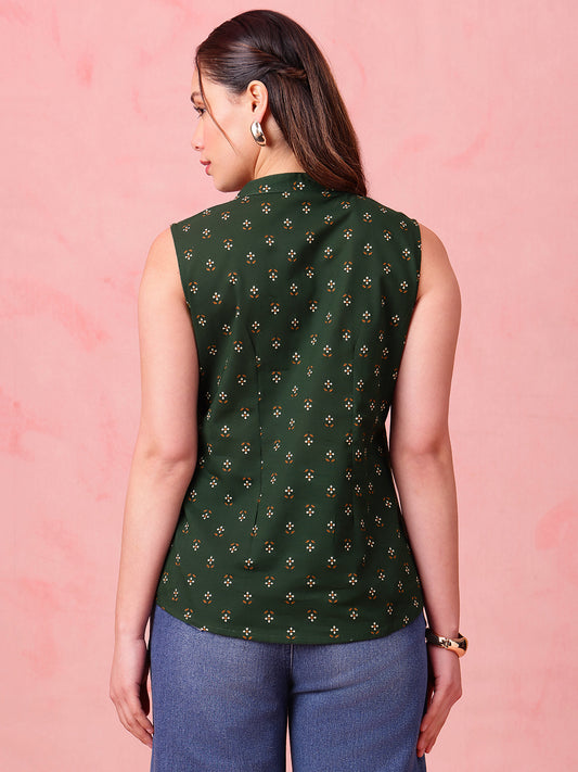Mehendi Green Block Print Waistcoat Cotton Stitched Top