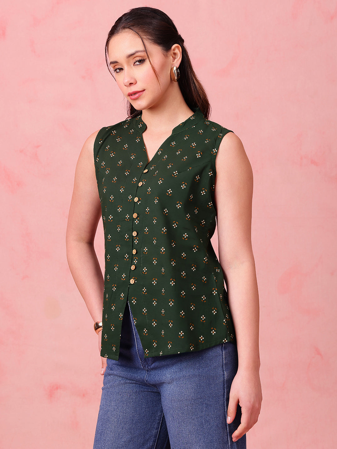 Mehendi Green Block Print Waistcoat Cotton Stitched Top