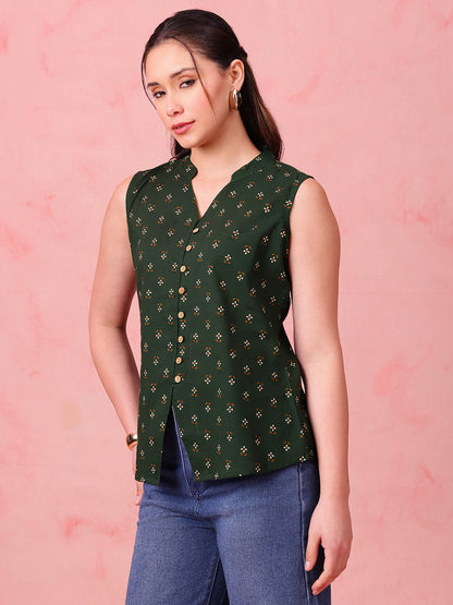 Mehendi Green Block Print Waistcoat Cotton Stitched Top