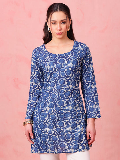 Blue Indigo Print Straight Cotton Stitched Kurti