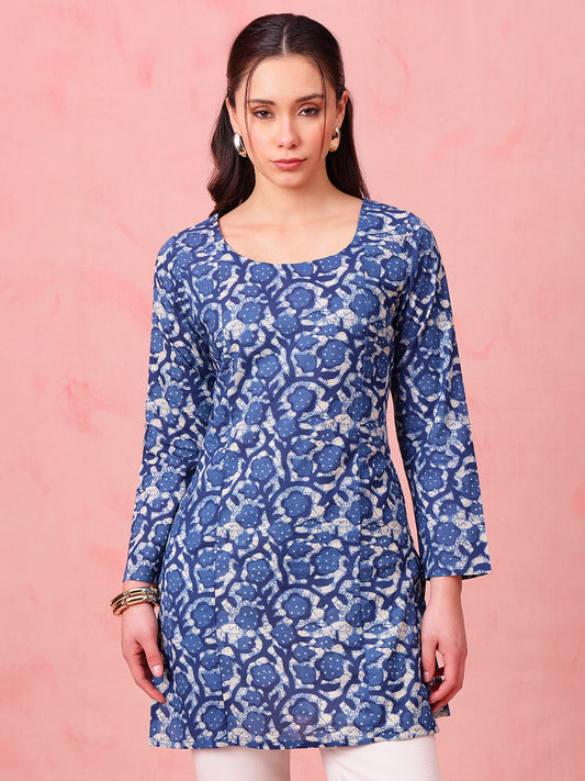 Blue Indigo Print Straight Cotton Stitched Kurti