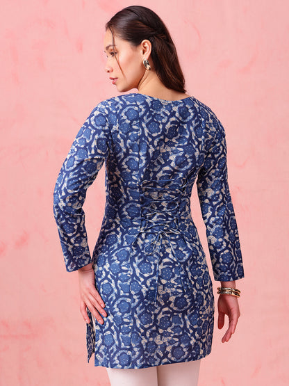 Blue Indigo Print Straight Cotton Stitched Kurti