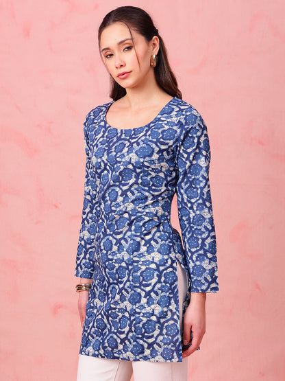 Blue Indigo Print Straight Cotton Stitched Kurti