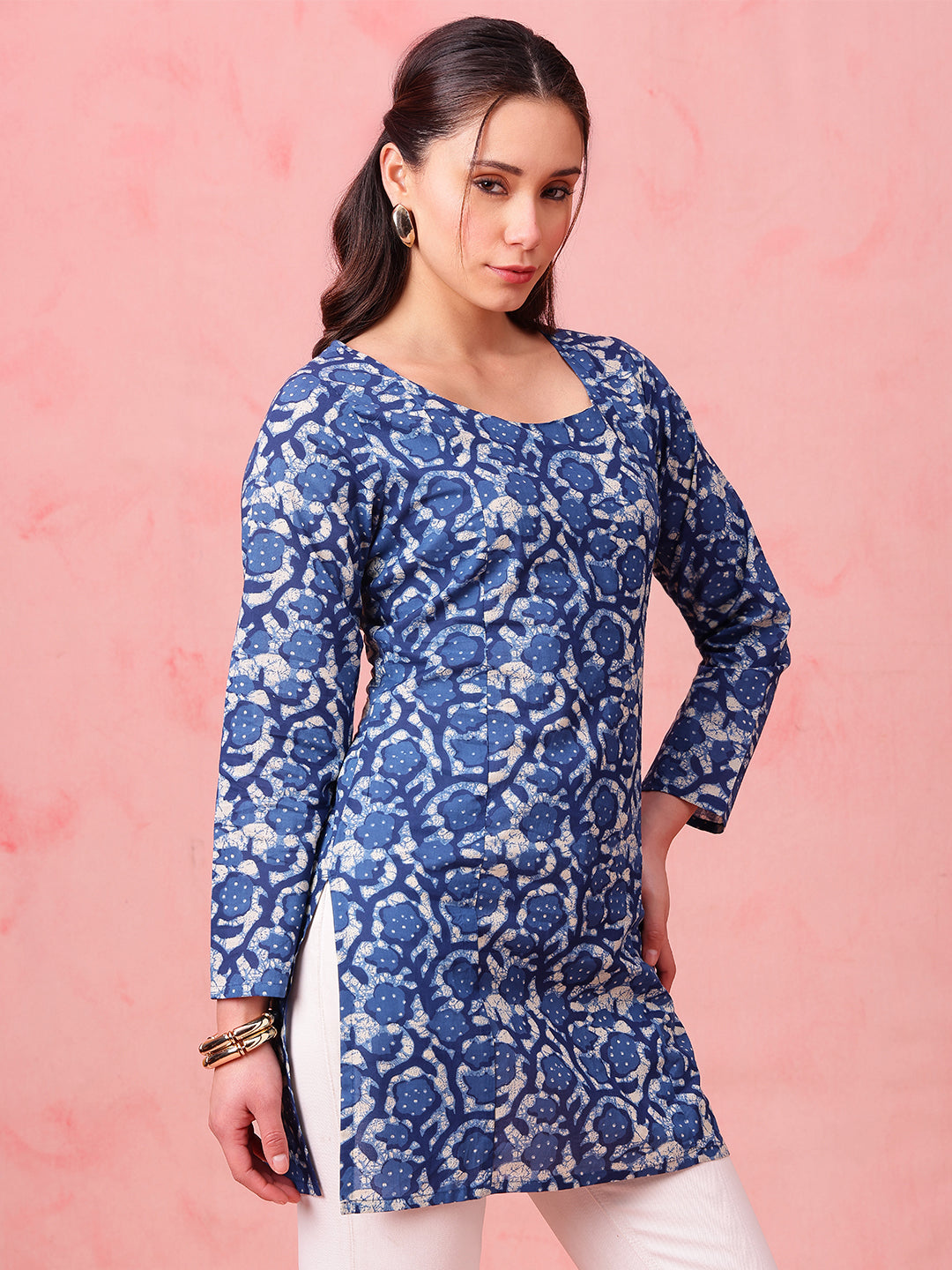 Blue Indigo Print Straight Cotton Stitched Kurti