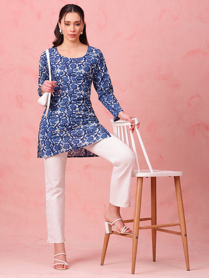 Blue Indigo Print Straight Cotton Stitched Kurti