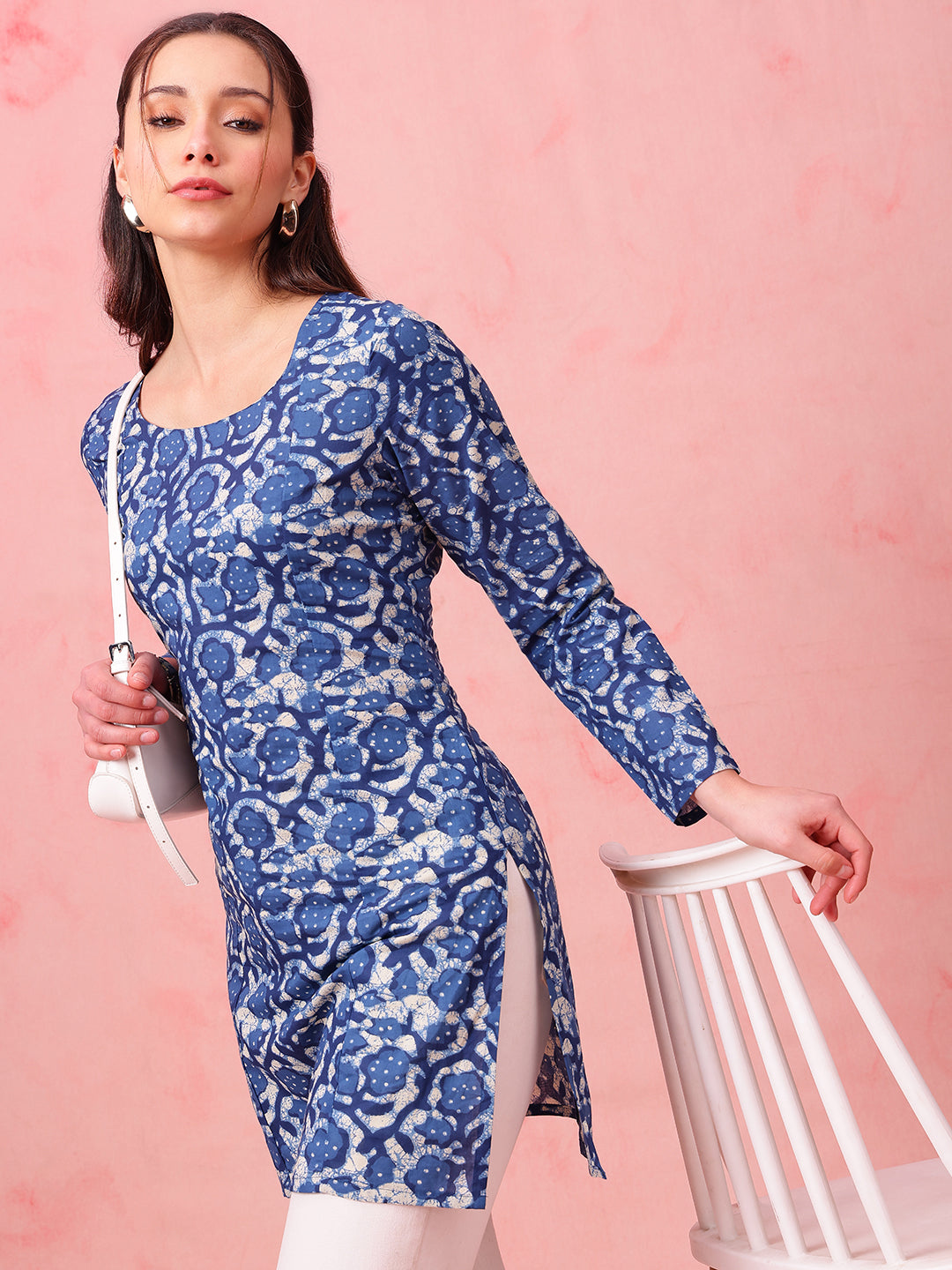 Blue Indigo Print Straight Cotton Stitched Kurti
