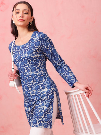 Blue Indigo Print Straight Cotton Stitched Kurti