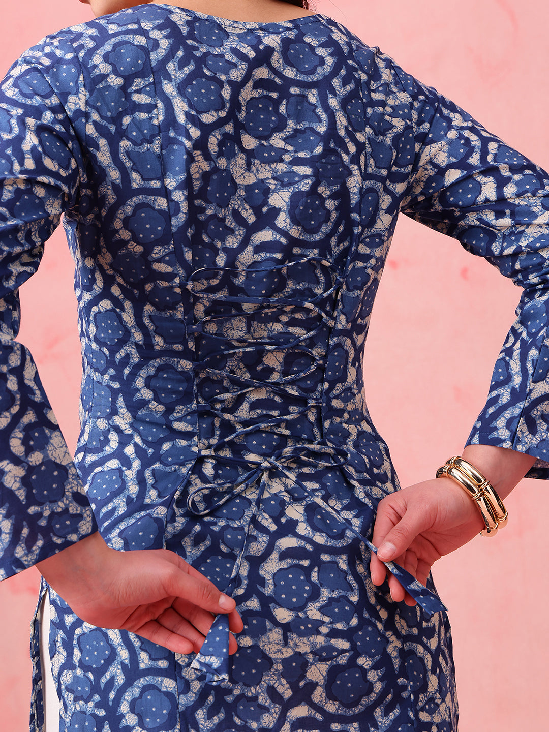 Blue Indigo Print Straight Cotton Stitched Kurti
