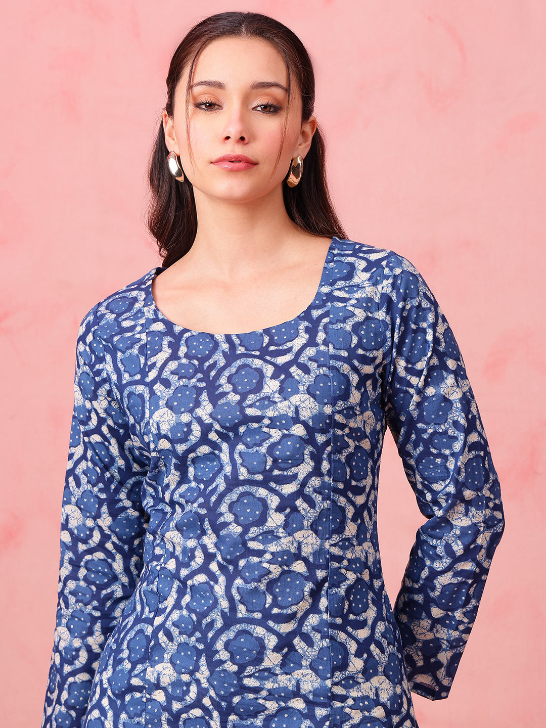 Blue Indigo Print Straight Cotton Stitched Kurti