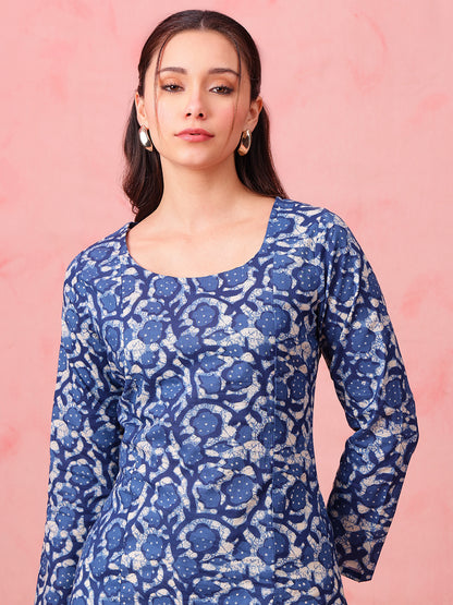 Blue Indigo Print Straight Cotton Stitched Kurti