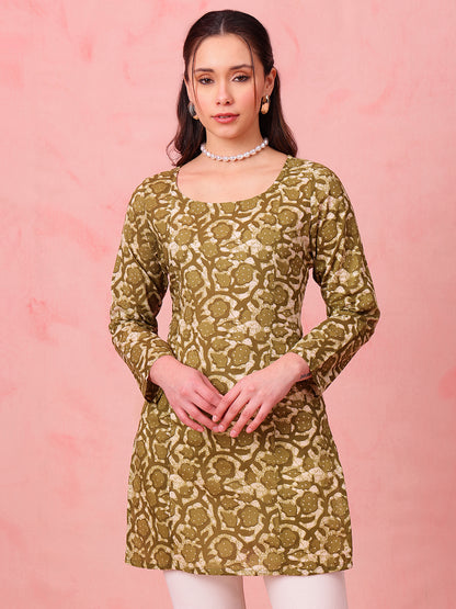 Mehendi Green Indigo Print Straight Cotton Stitched Kurti