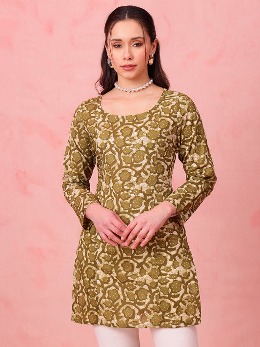 Mehendi Green Indigo Print Straight Cotton Stitched Kurti