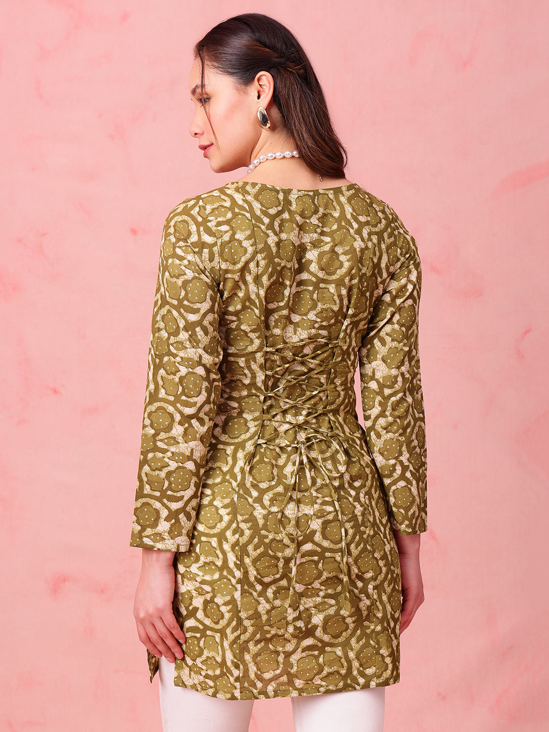Mehendi Green Indigo Print Straight Cotton Stitched Kurti