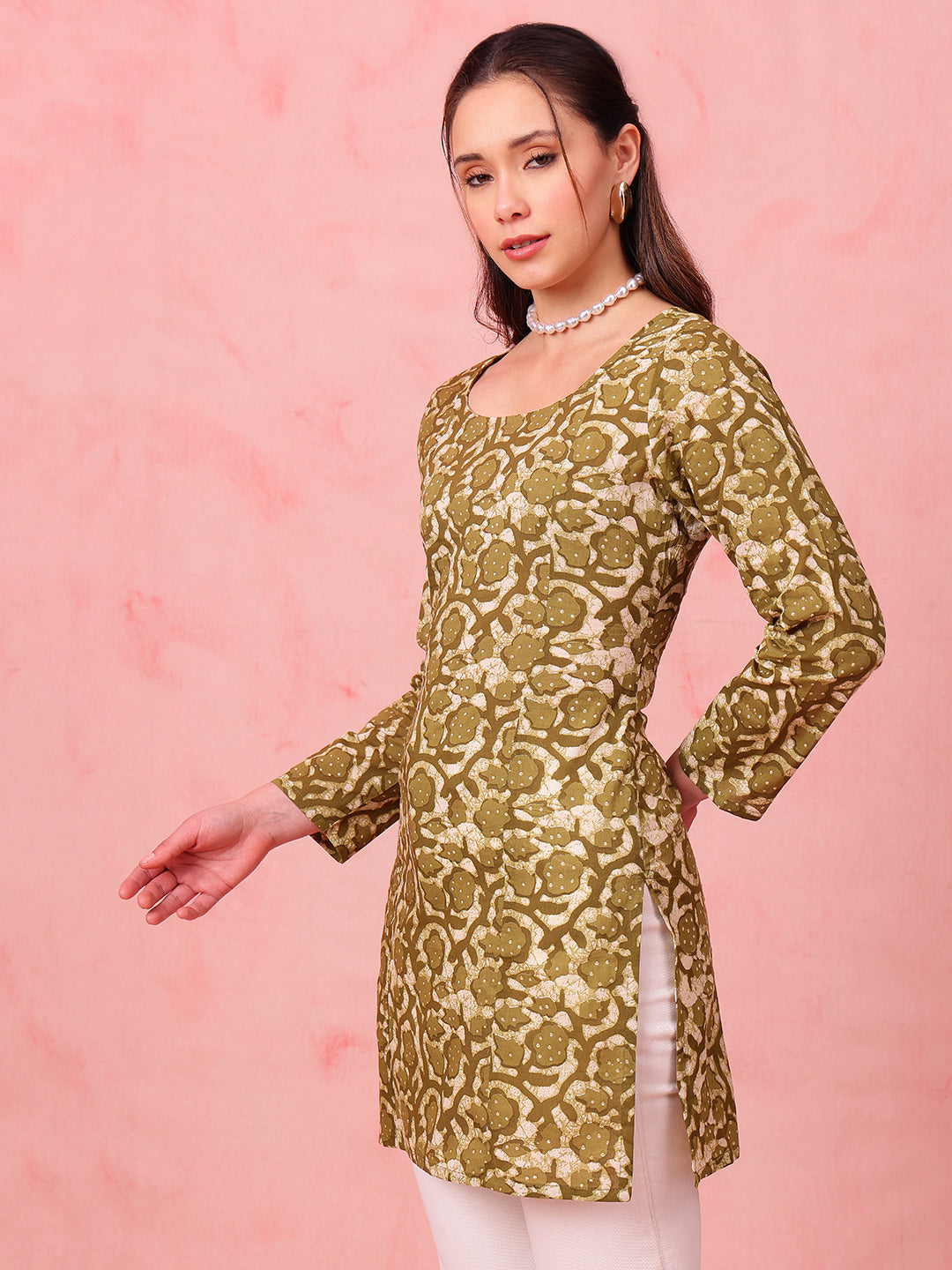Mehendi Green Indigo Print Straight Cotton Stitched Kurti